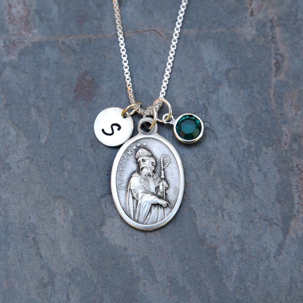 Saint St Patrick Necklace - Personalized Initial, Crystal Birthstone or Pearl - Patron Saint of Ireland, Paralegals, Engineers