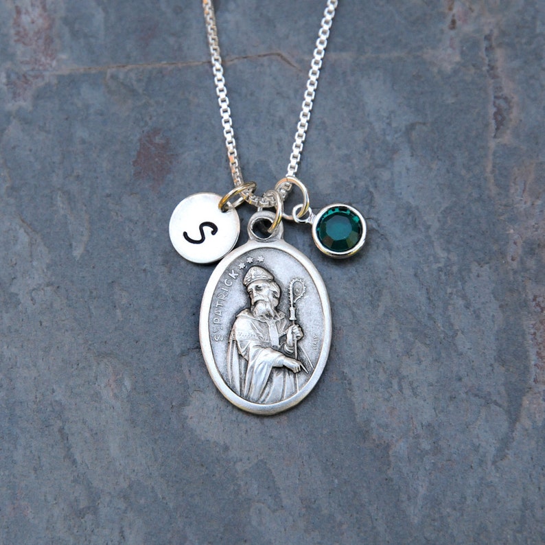 Saint St Patrick Necklace Personalized Initial, Crystal Birthstone or Pearl Patron Saint of Ireland, Paralegals, Engineers image 1