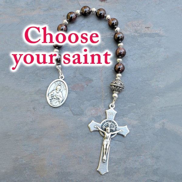 Confirmation Gift for Boys or Men, Personalized Catholic One Decade Rosary Pocket Chaplet, Deep RedBrown Garnet Gemstones, Choose Your Saint