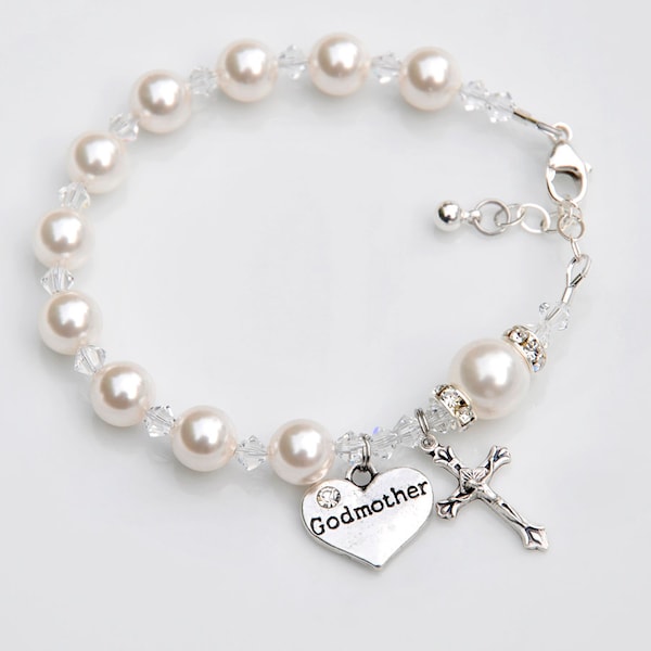 Will You Be My Godmother - Rosary Bracelet All White Pearls - Godmother Godparent Gift Idea - Crystal Pearl -Baby Girl Boy Baptism