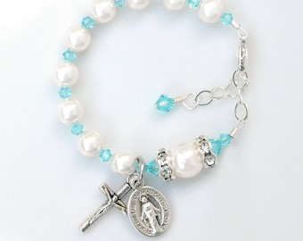 Baptism Gift for Baby Girl - Light Turquoise Baby Rosary Bracelet - Personalized Letter Option -Crystal -Catholic Christening Gift