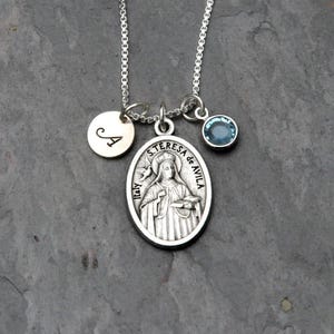 Saint St Teresa of Avila Necklace - Personalized Initial - Crystal Birthstone or Pearl - Headaches/Bodily Ills