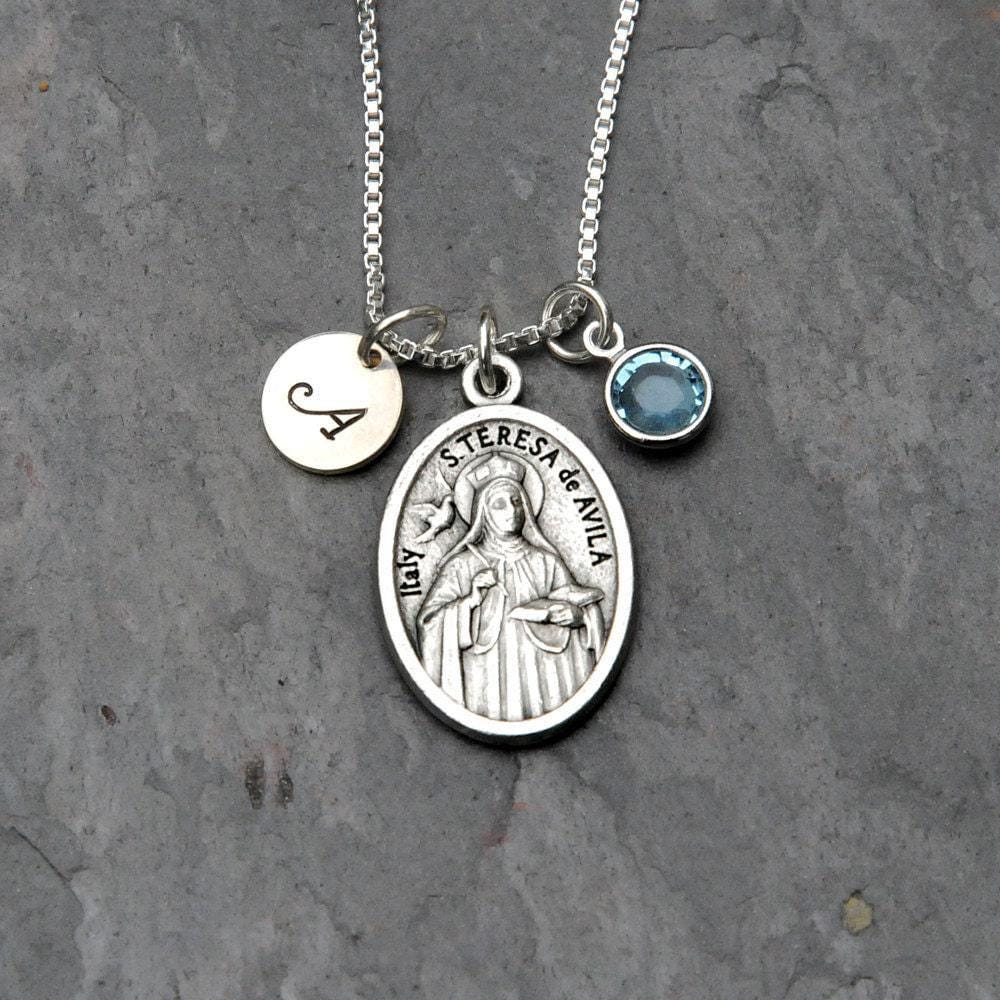 Saint St Teresa of Avila Necklace - Personalized Initial - Crystal Birthstone or Pearl - Headaches/Bodily Ills