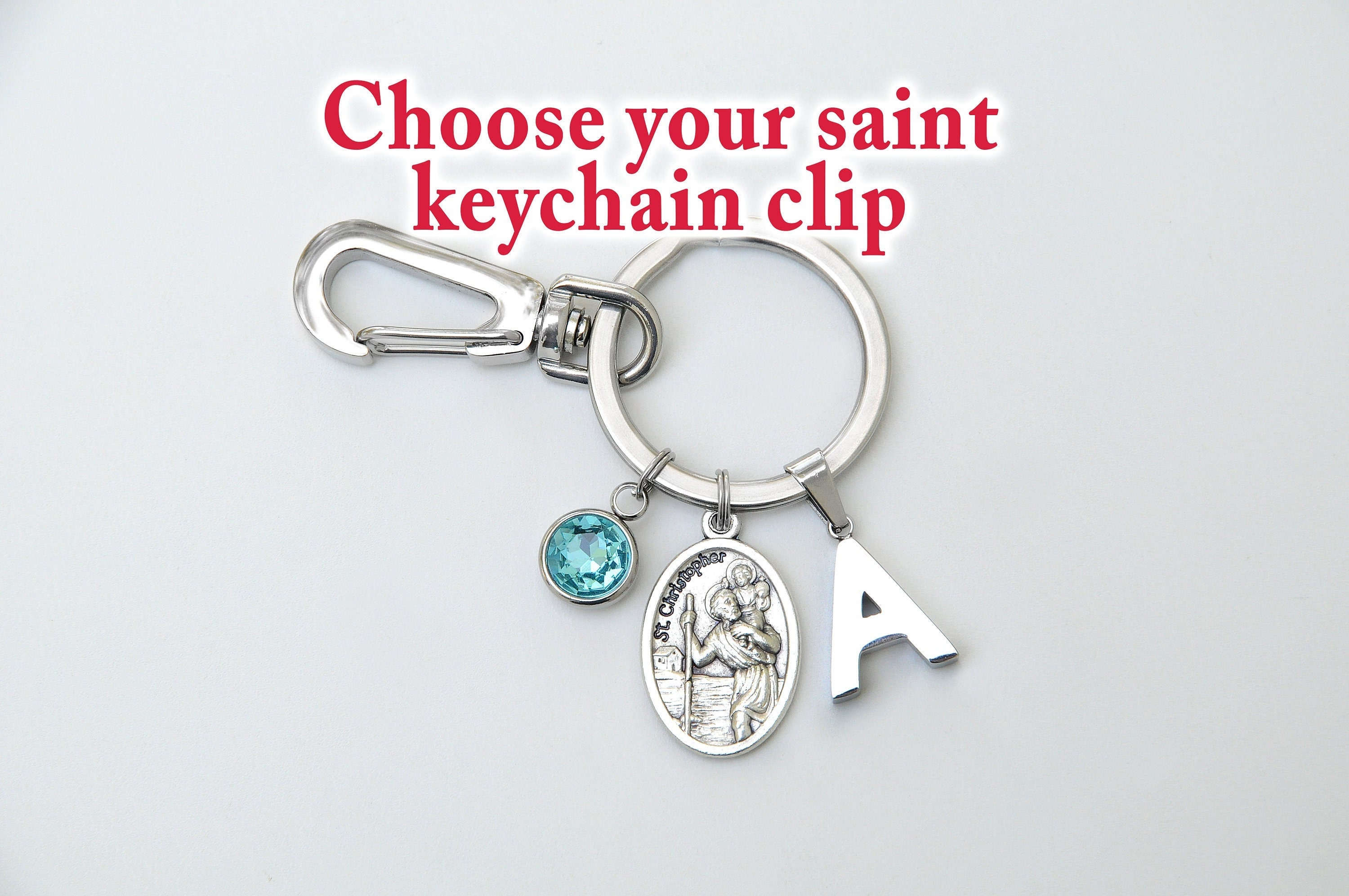 Choose Your Catholic Saint Keychain Clip, Confirmation Gift, Personalized Letter, Optional Crystal Birthstone, Key Chain Gift for Women/Men