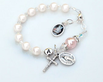 Baptism Gift for a Girl - Personalized White and Pink Crystal Guardian Angel Rosary Bracelet - Catholic Christening Gift