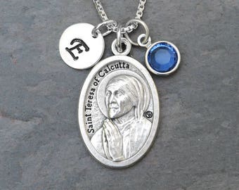 Saint St Mother Teresa Theresa of Calcutta Necklace - Personalized -Crystal Birthstone or Pearl - Patron of Calcutta, For Doubters