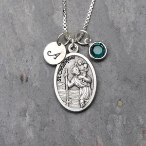 Saint St Christopher Guardian Angel Reversible Necklace - Personalized Initial - Crystal Birthstone or Pearl - Patron Safe Travel