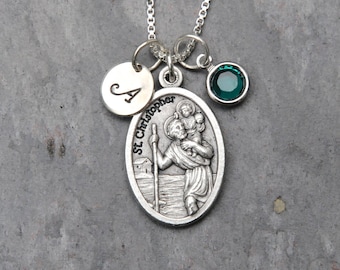 Saint St Christopher Guardian Angel Reversible Necklace - Personalized Initial - Crystal Birthstone or Pearl - Patron Safe Travel