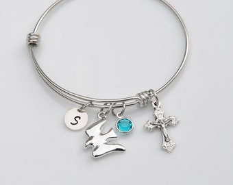 Girls Confirmation Gift - Personalized Adjustable Bangle Bracelet - Stainless Steel Expandable Bangle - Custom Letter - Birthstone or Pearl