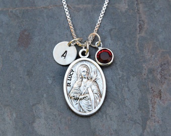 Saint St Lucy Necklace - Personalized Initial, Crystal Birthstone or Pearl - Patron Saint of Blindness, Blind, Eye Disorders