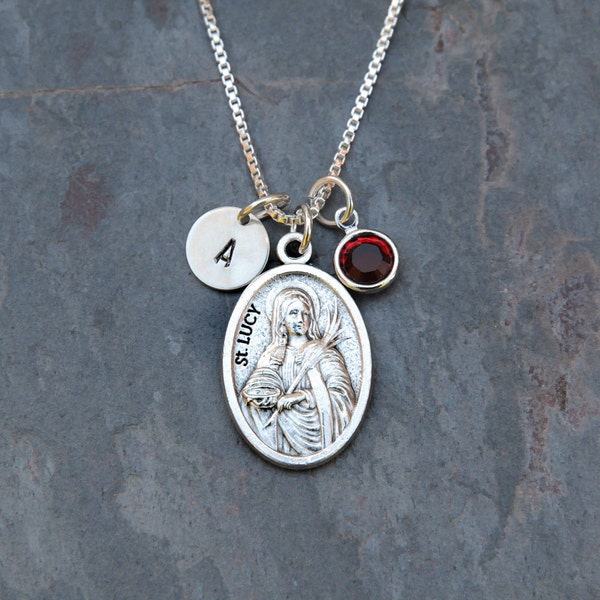 Saint St Lucy Necklace - Personalized Initial, Crystal Birthstone or Pearl - Patron Saint of Blindness, Blind, Eye Disorders