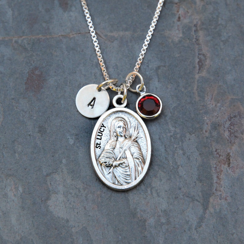 Saint St Lucy Necklace Personalized Initial, Crystal Birthstone or Pearl Patron Saint of Blindness, Blind, Eye Disorders image 1