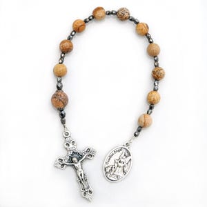 Baptism Gift for Boys - Personalized Custom Rosary Chaplet - Picture Jasper Brown Gemstones - Catholic Christening Gift - Guardian Angel