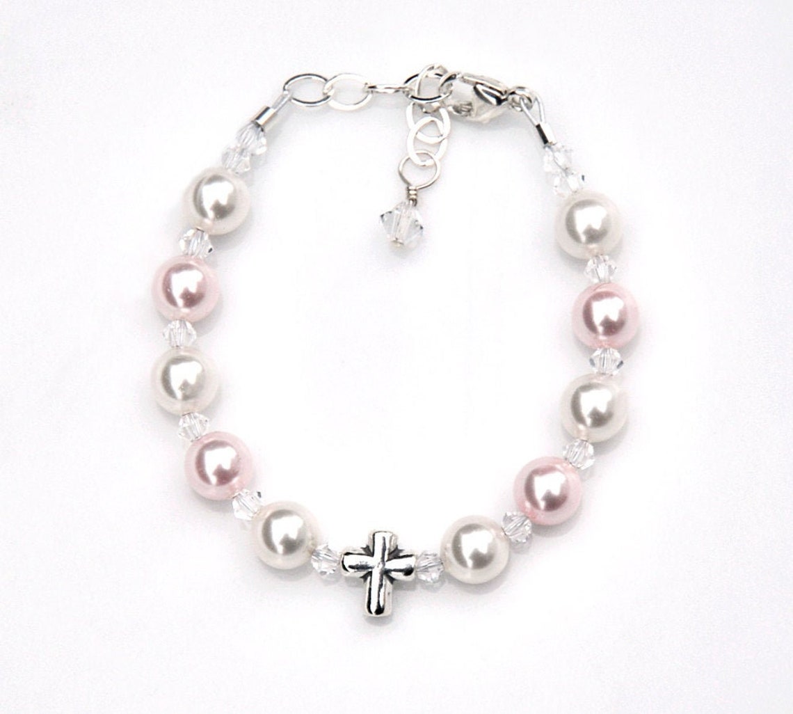 Baptism Bracelet Baby Girl Sterling Silver Cross Rosary Etsy