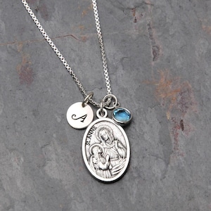 Saint Anne St Anne Mother of Mary Necklace - Personalized Initial - Crystal Birthstone or Pearl - Carpenters-Homemakers-Childless