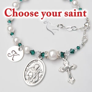 Confirmation Gift for Girls or Teens - Choose Your Catholic Saint - Emerald Green and White Personalized Crystal Rosary Bracelet