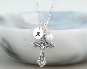 Crucifix Cross Necklace, Sterling Silver Chain, Personalized Initial, Birthstone/Pearl, Confirmation Gift for Girls, Catholic Gift for Her