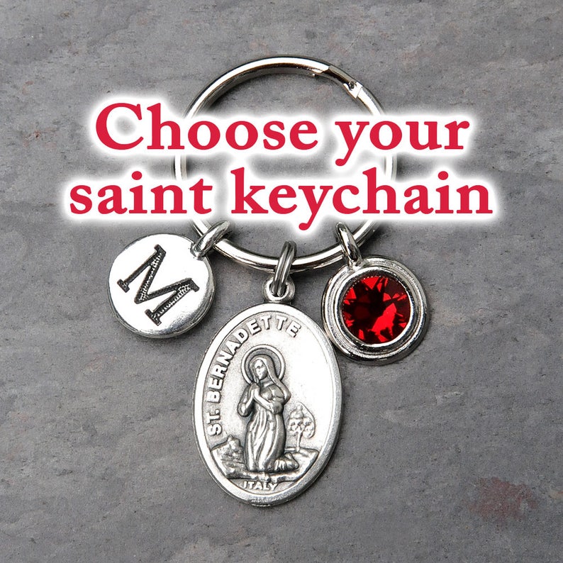 Choose Your Catholic Saint Keychain - Personalized Letter - Crystal Birthstone - Key Chain Gift for Women or Men 