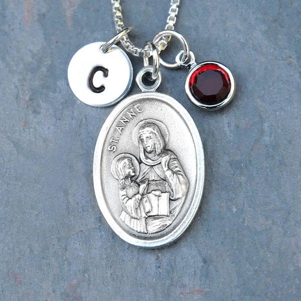 Saint Anne St Anne Mother of Mary Necklace - Personalized Initial - Crystal Birthstone or Pearl - Carpenters-Homemakers-Childless