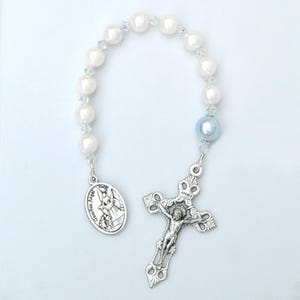 Baptism Gift Baby Boy - Personalized Custom Rosary Chaplet - White and Blue Crystal Pearls - Catholic Christening - Guardian Angel