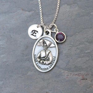 Saint St Catherine Laboure Necklace - Personalized Initial Charm, Crystal Birthstone or Pearl - Patron of the Miraculous Medal
