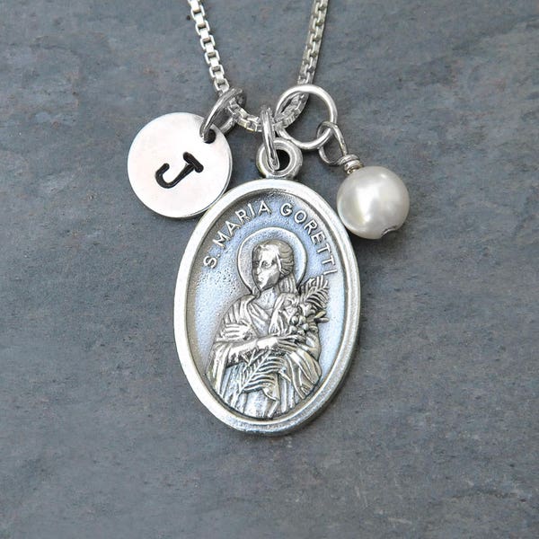 Saint St Maria Goretti Necklace - Personalized Initial, Crystal Birthstone or Pearl -Patron of Teenage Girls, Youth, Purity