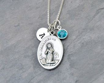 Saint St Bernadette Necklace - Personalized Initial - Crystal Birthstone or Pearl - Our Lady of Lourdes - Saint of Asthma, Illness