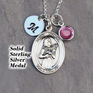 Collier Sainte Agathe en argent sterling - Pierre de naissance ou perle personnalisée - Bijoux sainte des infirmières, cancer du sein, survivante