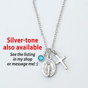 Confirmation Gift for Girls, Tiny Gold Tone Cross and Miraculous Medal Virgin Mary Necklace, Birthstone, Dainty Religious Jewelry for Her image 7