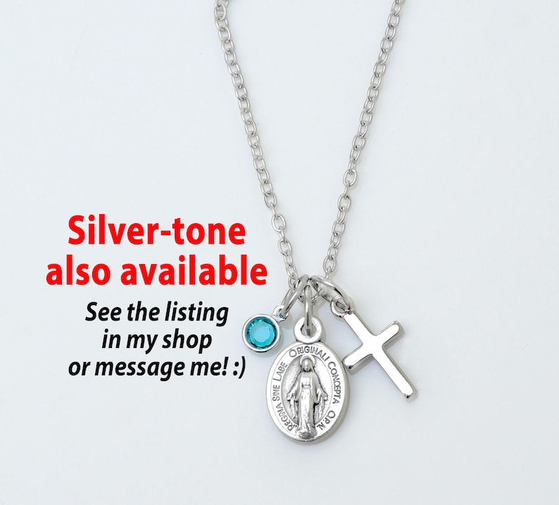 Confirmation Gift for Girls, Tiny Gold Tone Cross and Miraculous Medal Virgin Mary Necklace, Birthstone, Dainty Religious Jewelry for Her image 7