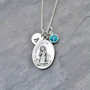 Saint St Bernadette Necklace - Personalized Initial - Crystal Birthstone or Pearl - Our Lady of Lourdes - Saint of Asthma, Illness