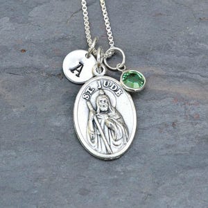Saint St Jude Necklace - Personalized Custom Initial Hand Stamped - Choice of Crystal Birthstone or Pearl - Saint of Hope