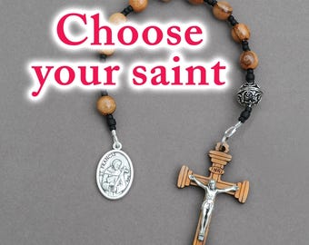 Olive Wood Holy Land Beads, Confirmation Gift for Boys or Men, Personalized Catholic One Decade Rosary Pocket Chaplet, Choose Your Saint