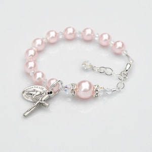 Regalo de bautismo para niña, pulsera de rosario de perlas rosas, cristales transparentes brillantes, bautismo, comunión, madrina, regalo de boda, tallas de bebé a adulto