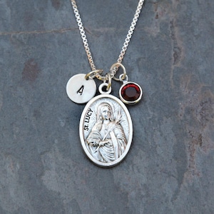 Saint St Lucy Necklace - Personalized Initial, Crystal Birthstone or Pearl - Patron Saint of Blindness, Blind, Eye Disorders
