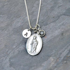 Saint St Dymphna Necklace - Personalized Initial - Crystal Birthstone or Pearl - Patron of Stress, Autism, Dementia, Mental Disorders