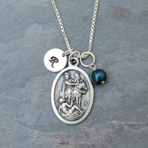 Saint St Martin Caballero, Martin of Tours Necklace -Personalized Initial Charm, Crystal Birthstone or Pearl -Saint of Horse Riders, Poverty