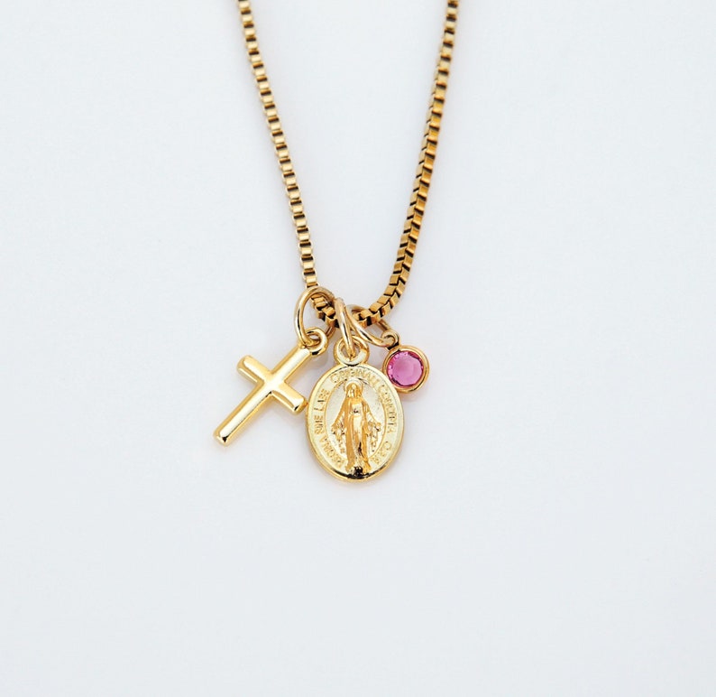 Gold tone tiny plain cross and Miraculous Medal Virgin Mary necklace with your birthstone