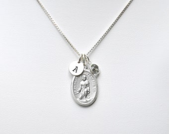 Saint Peregrine Necklace - Sterling Silver Chain - Personalized Initial - Crystal Birthstone or Pearl - Cancer Survivor Gift