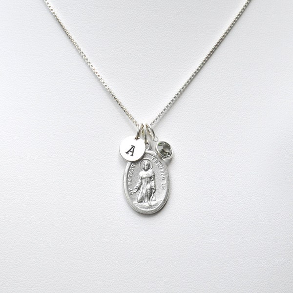 Saint Peregrine Necklace - Sterling Silver Chain - Personalized Initial - Crystal Birthstone or Pearl - Cancer Survivor Gift