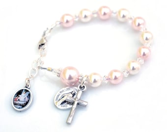 Baby Girl Bracelet - Baby Girl Baptism Gift - Personalized Rosary Bracelet - Guardian Angel Bracelet - Pink and White Pearls - Christening