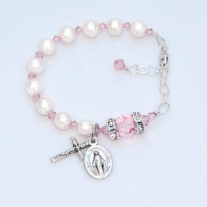 Light Pink Crystal and White Pearl Rosary Bracelet for Girls, Baptism, Communion, Godmother, Wedding Gift, All Sizes Baby to Adult