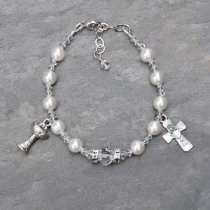 Erstkommunion Geschenk für Mädchen, personalisierte Rosenkranz Perlen, Kristall weiße Perlen Armband, Eucharistie katholischen Erbstück Geschenk, verstellbar