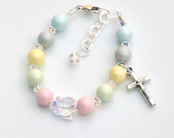 Baptism Gift for Baby Girl, Butterfly Bracelet - Personalized Rosary Bracelet - Pastel Mixed Colors - Pearls - Christening Gift