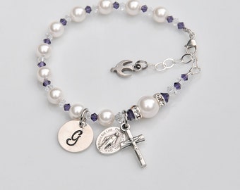 Confirmation Gift for Girls - Personalized Catholic Rosary Bracelet - Purple Crystal, White Pearl - Other Colors Available