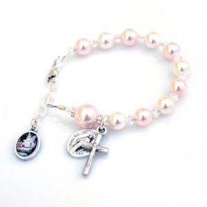 Guardian Angel Rosary Bracelet for Girls, Pink and White Pearls, Baptism, Communion, Godmother, Wedding Gift, All Sizes Baby to Adult