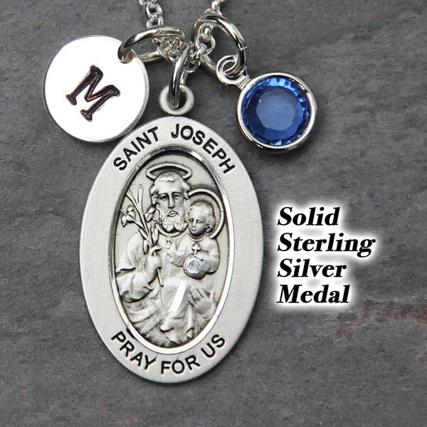 Saint St Joseph Necklace - Sterling Silver - Personalized Crystal Birthstone or Pearl - Father of Jesus - Patron of Workers