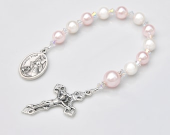 Baptism Gift Baby Girl - Personalized Custom Rosary Guardian Angel Chaplet - Pink and White Crystal Pearls - Catholic Christening