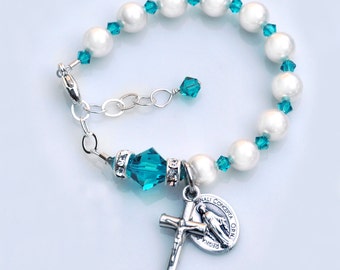 Baptism Gift for Girls - Personalized Baby Rosary Bracelet -Teal Blue Zircon December Birthstone -Crystal Pearls -Christening Gift