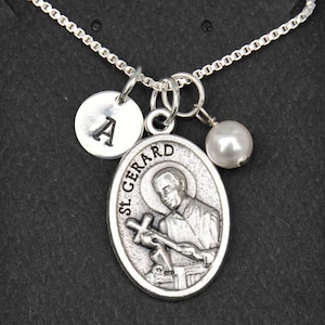 Pregnancy Motherhood Childbirth Fertility - Saint St Gerard Necklace - Custom Initial Stamp - Crystal Birthstone or Pearl